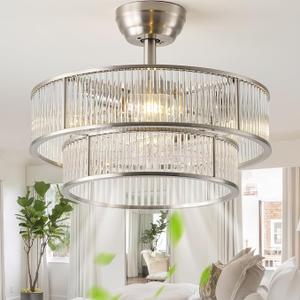 YADZSLY Silver Fandelier Ceiling Fans with Lights, 20" Silver Crystal Chandelier Ceiling Fan with Light Remote Control, Caged Mid Century with 6 Speeds for Bedroom, Living Room, Nursery