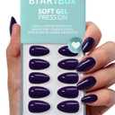BTArtbox Press On Nails Almond - Dark Purple Short Press On Nails with Glue for Women, Opaque Soft Gel Glue On Nails in 16 Sizes - 32 Stick On Nails Kit, Storm Black
