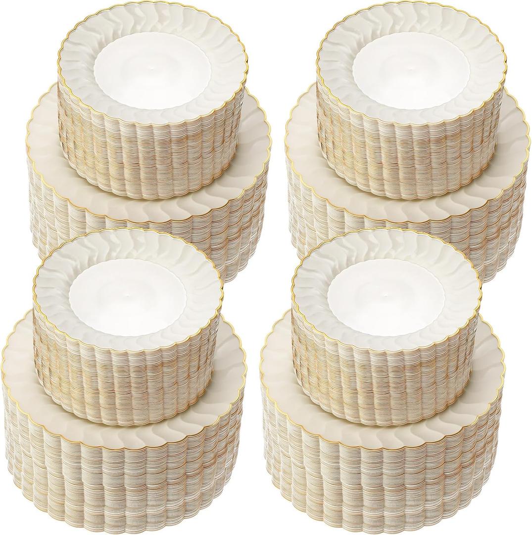 Mifoci Ivory Plastic Plates with Gold Rim Heavy Duty Disposable Plates for Dessert, Appetizer, Holiday, Wedding, Party(160 Pcs,Ivory)