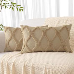 decorUhome Spring Throw Pillow Covers 12x20 Inch Set of 2, Soft Plush Faux Fur Wool Lumbar Khaki Couch Pillow Covers, Decorative Neutral Pillow Cases for Bed Sofa Living Room Home Decor