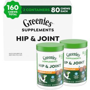 Greenies Supplements Hip and Joint Supplement for Dogs, Chicken Flavor, 80-Count Tub, Pack of 2, Best By: Feb 4, 2026