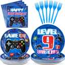 96Pcs 9th Video Game Birthday Party Decorations Blue Video Game Level 9 Birthday Plates and Napkins Tableware Sets for Kids Boys 9 Years Old Gamer Gaming Party Favors Serves 24