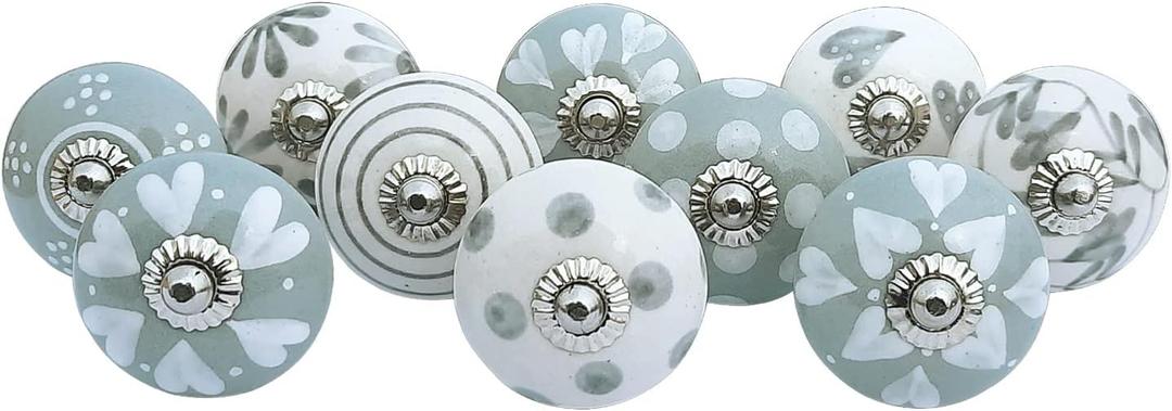 Royal Kraft Vintage Light Cadet Grey Hand Painted Ceramic Pull Knobs for Kitchen Cabinet, Door & Drawer, Wardrobe, Cupboard (Set of 10) Sknob004