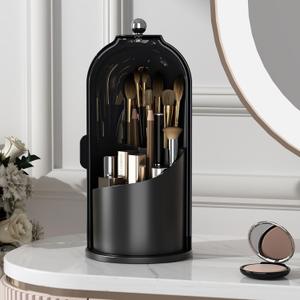 Makeup Brush Holder with Lid 360 Rotating Clear Dustproof Make Up Organizers for Vanity Bathroom Countertop, All Black