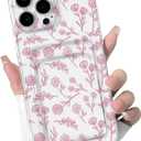 NITITOP Compatible with iPhone 15 Pro Max Case Clear with Card Holder Cute Flower Floral Leave Pattern for Women Girl Soft TPU Shock-Absorbing Wallet Case Protective Phone Cover - Pink