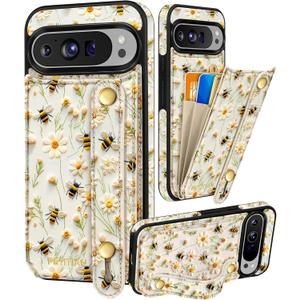 Petitian for Google Pixel 9Pro XL Case with Wallet - Women Girls Cute Girly Aesthetic Unique Design Leather Credit Card Holder Cardholder Stand Wristband for Pixel 9Pro XL, Flower