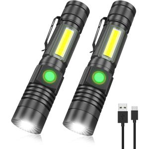 Rechargeable Tactical Flashlight, USB Magnetic Flashlights with COB Flash Light - 4 Models, Zoomable, Waterproof, LED Tactical Flashlight High Lumen Bright for Indoor Outdoor Camping 2 Pack