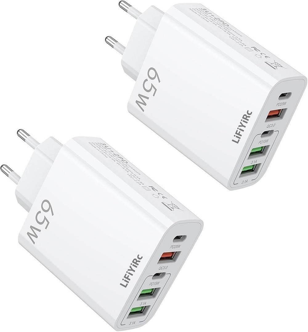 European USB C Charger 6.6A 2 Pack, LiFiYiRc PD 20W & QC 3.0 Fast Charging Multi Ports, 2 USB C 3 USB A Europe Plug Adapter Compatible for iPhone 17 16 15 14 13 12 11 Pro Max XS XR X Plus, Samsung