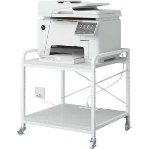 Under Desk Printer Stand with Power Outlet Large Printer Table with Adjustable Shelf,Industrial Wheels, 20 Inches Deep 2 Tier Rolling Printer Cart for Home Office, White