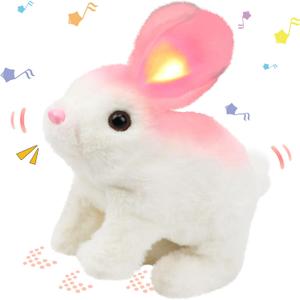 Hopearl Hopping Rabbit with LED Ears Interactive Electronic Pet Plush Bunny Toy with Sounds and Movements Animated Walking Wiggle Light up Ears Twitch Nose Gift for Toddlers Birthday, White, 7''