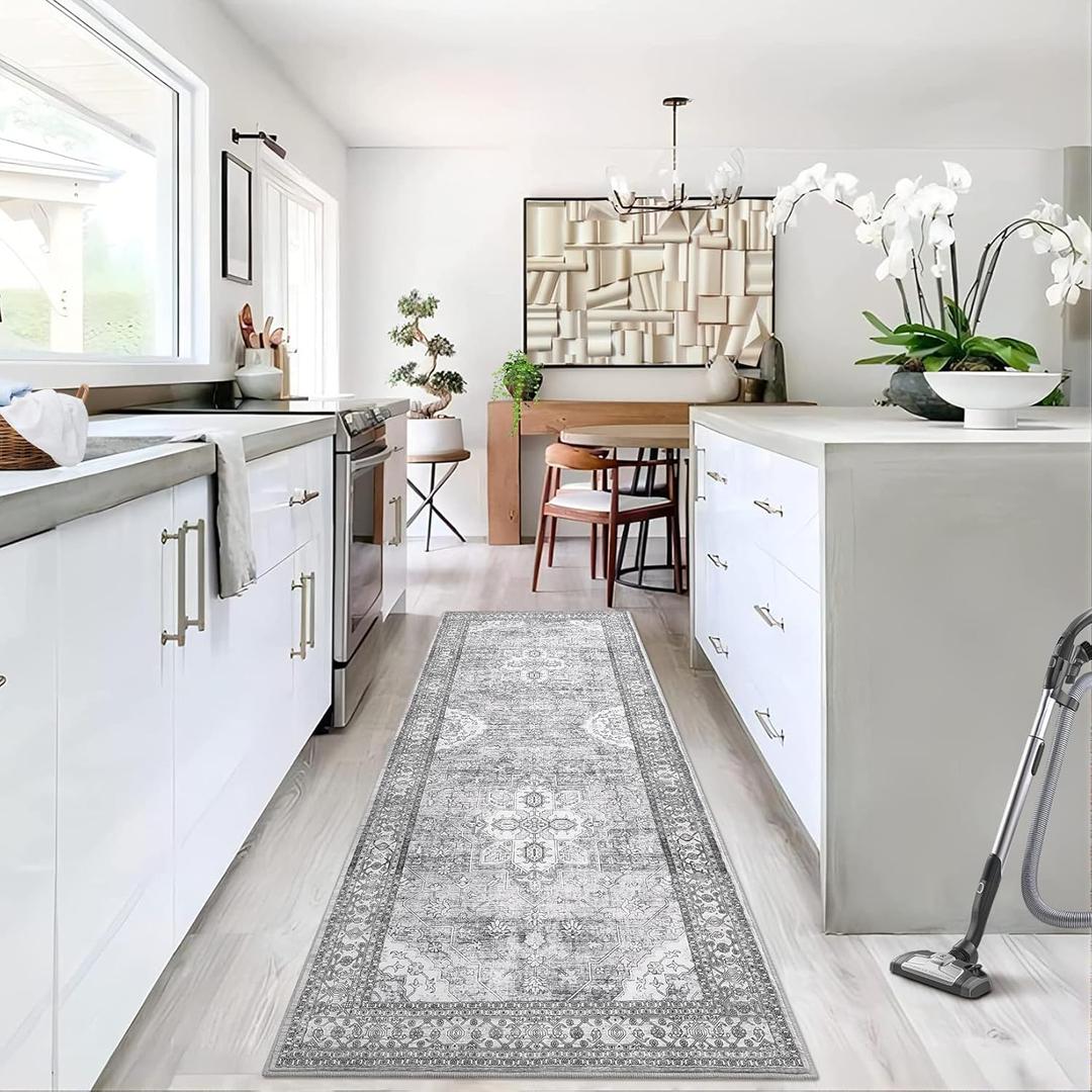 GAOMON Washable Rug 2x6 Vintage Floral Print Rug Oriental Entryway Runner Rug Boho Tribal Area Rug Soft Hallway Accent Carpet Bedroom Rugs Soft Aesthetic Non Slip Rug for Kitchen Laundry Bedside Grey