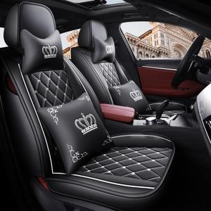 Crown Car Seat Covers Full Set, Premium Leather Waterproof Anti-Slip Automotive Interior Protector for Cars, SUVs, Pickup, Trucks & Sedans (Black+White Line)
