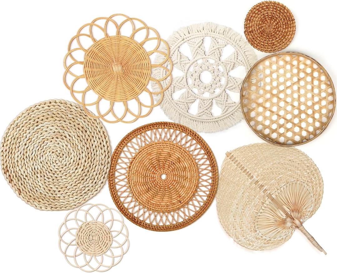 Tatuo 8 Sets Boho Wall Basket Decor Woven Rattan Flat Baskets Round Handmade Wicker Bamboo Hanging Rustic Elegant Tassels Wall Art for Farmhouse Bedrooms Living Rooms Table Kitchen Decorations
