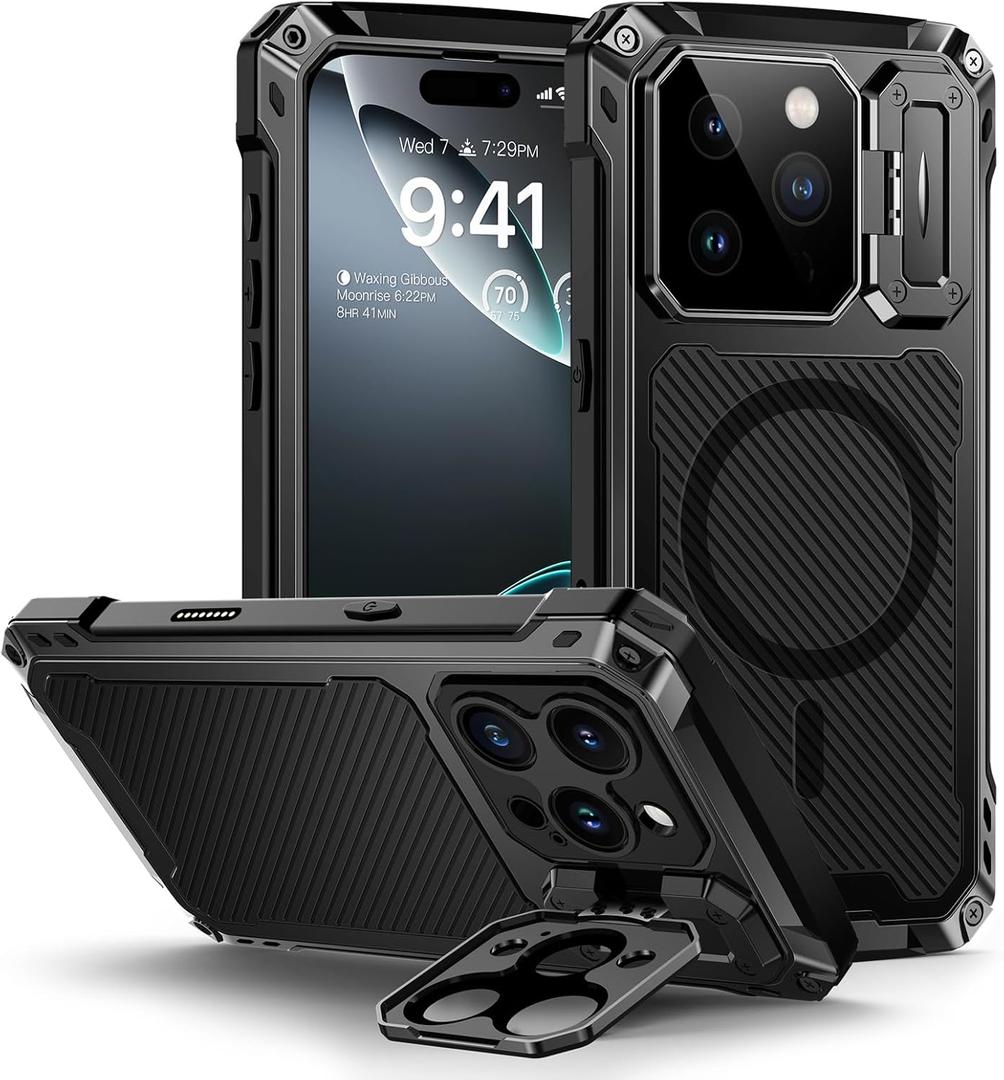 Lanhiem for iPhone 16 Pro Max Metal Case with Camera Cover & Stand [Compatible with MagSafe] [Built-in Kickstand] [Military-Grade Protection] Heavy Duty Rugged Magnetic Phone Case, Black