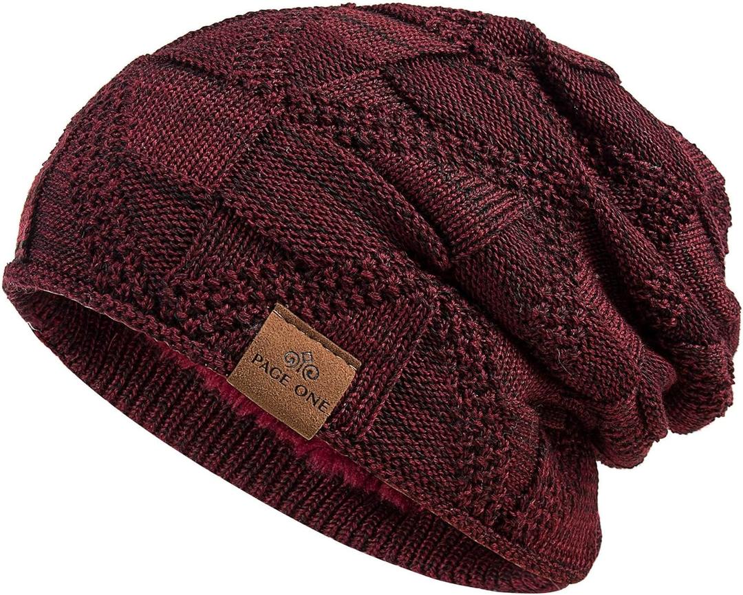 PAGE ONE Mens Winter Slouchy Beanie Warm Fleece Lined Skull Cap Baggy Cable Knit Hat (Wine Red)