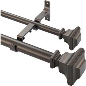 Double Curtain Rod, 1 inch Adjustable Heavy Duty Drapery Double Rod for Window 144 to 164 Inches (12-13.6Feet), Vintage Square Finials,Premium Aluminum Brackets,Antique Bronze