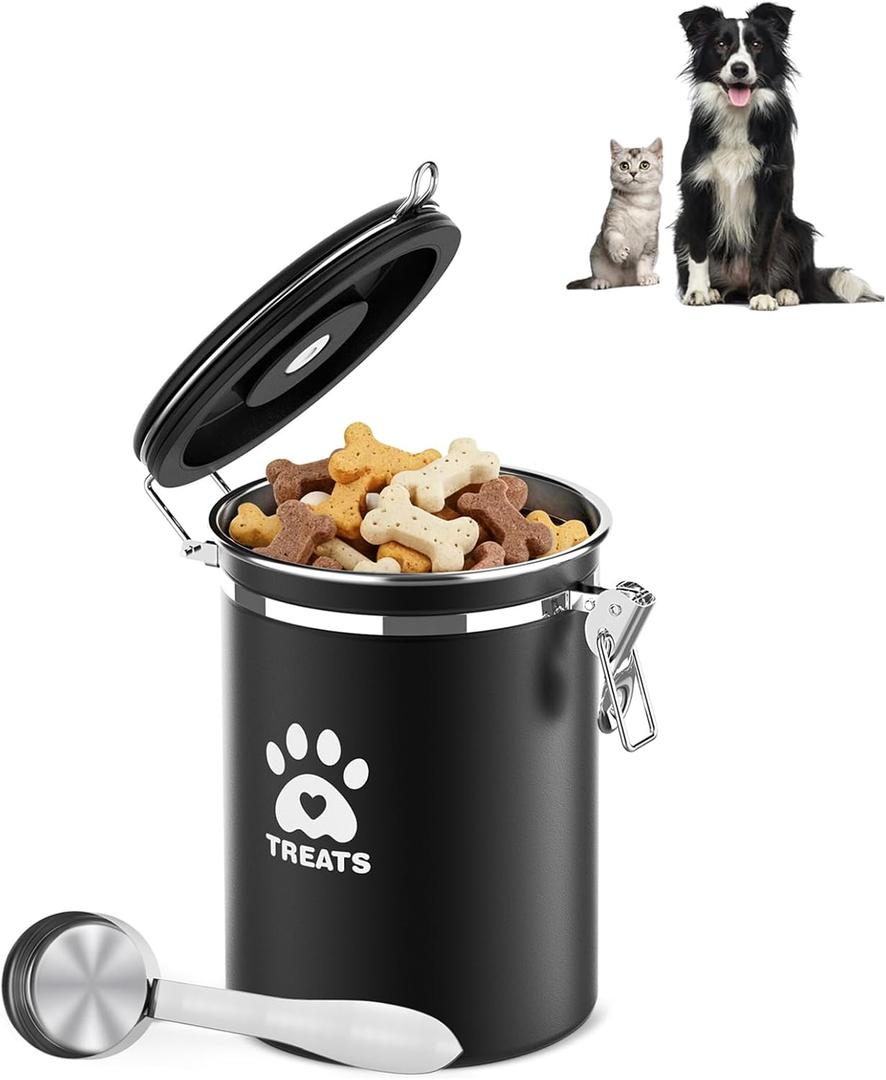 Dog Treat Container Airtight- 7.2"x4.7" Large Stainless Steel Cat Treat Jar for Kitchen Counter with Scoop, Pet Storage for Fresh Dog Cookie (Black)
