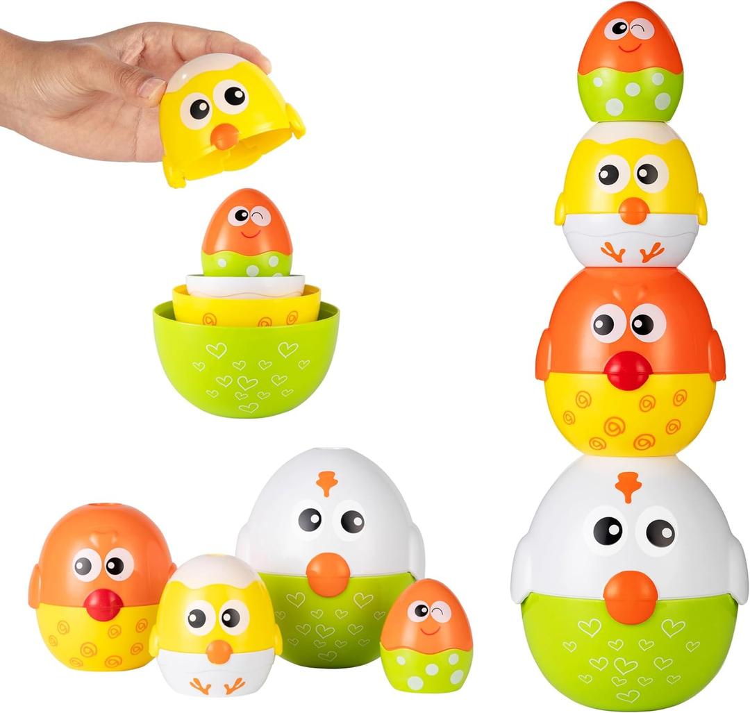 4 PCS Nesting Stacking Easter Eggs for Kids and Toddler, Easter Egg Balance Toys for Easter Party Favors Gifts, Goodie Bag Stuffers, Color Shape Matching Learning Sensory Toys for Baby Boys and Girls