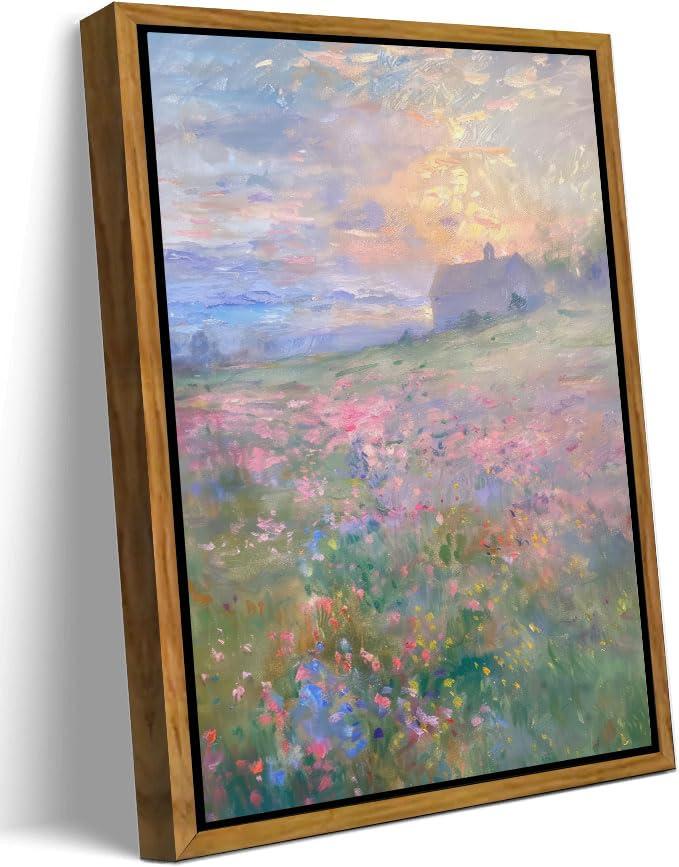 Floating Framed Pink Country Wildflower Artwork Canvas Wall Art 16x24 in