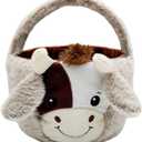 Cute Plush Cow Easter Basket for Kids, Cow Easter Buckets with Plush Ear, Candy Buckets Storage Tote Bag Easter Decorations (Cow Easter Basket, 7.9"L x 7.9"W x 9.8"H)