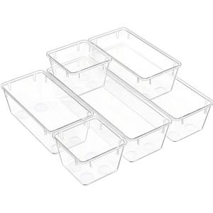 Clear Acrylic Drawer Organizer Trays, 5 Size Junk Box Organization Small Storage Container Bin for Desk Makeup Bathroom Vanity Kitchen Tool Make Up Workspace Home Dorm Apartment Office Room Nightstand