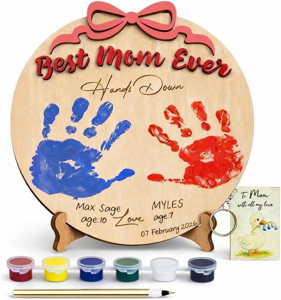 10'' Best Mom Ever Hands Down Big Size DIY Handprint Art Kit with Non-Toxic Paints Family Keepsake, Toddler Crafts for Mother's Day, Mom Birthday Gifts from Kids, To Mom Keychain Message Gifts