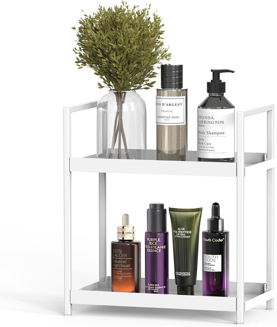 Bathroom Organizer Countertop, 2 Tier Counter Storage Shelf for Makeup Perfume Skincare Cosmetic Beauty Product, Small Vanity Countertop Tray Stand Rack Holder for Bathroom Sink Dresser, White