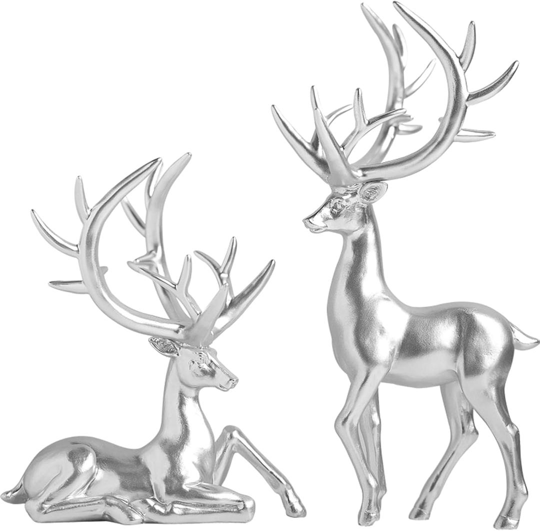 2PCS Christmas Reindeer Resin Sculptures Deer Ornaments Reindeer Statues Light Luxury Casual Shape Suitable for Indoor or Outdoor Country Style Christmas Home Decoration (Silver)