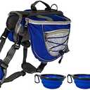 Saddlebag Back Pack & Harness Combo for Dogs 30+ lbs. Perfect for Travel, Trail Hiking, & Camping. Reflective, Lightweight, & Comfortable. Comes with Two Collapsible Bowls (Medium, Blue)