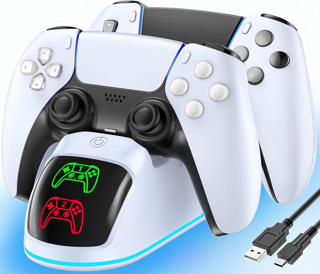 Controller Charger for PS5, Dual Charging Dock Station for PlayStation 5 Dualsense & Edge with RGB Light, Fast PS5 Dual Controller Charging Station with Cable for PlayStation Games (White)