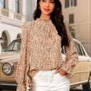 Womens Frill Mock Neck Boho Floral Tops Elegant Puff Long Sleeve Shirts 2025 Casual Vacation Outfits Work Blouse (L)