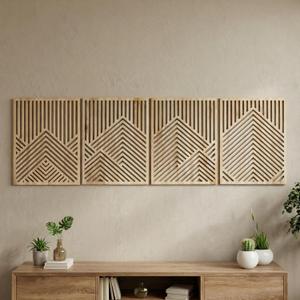 Wesiti 4 Pcs Wooden Mountain Wall Art Decor Large Abstract Wall Art for Living Room Modern Wood Panel Line Sculptures Nature Rustic Forest Hanging Decor for Office Bedroom Bathroom 15.7 x 12.2''
