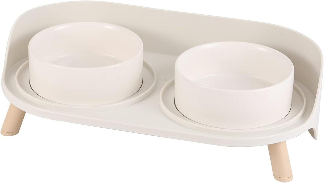 Raised Cat Food and Water Bowl Set - Elevated Ceramic Dishes With Non-Slip Stand and Splash Guard for Small Dogs - 2 x 480 ML (16.2 OZ) (White)