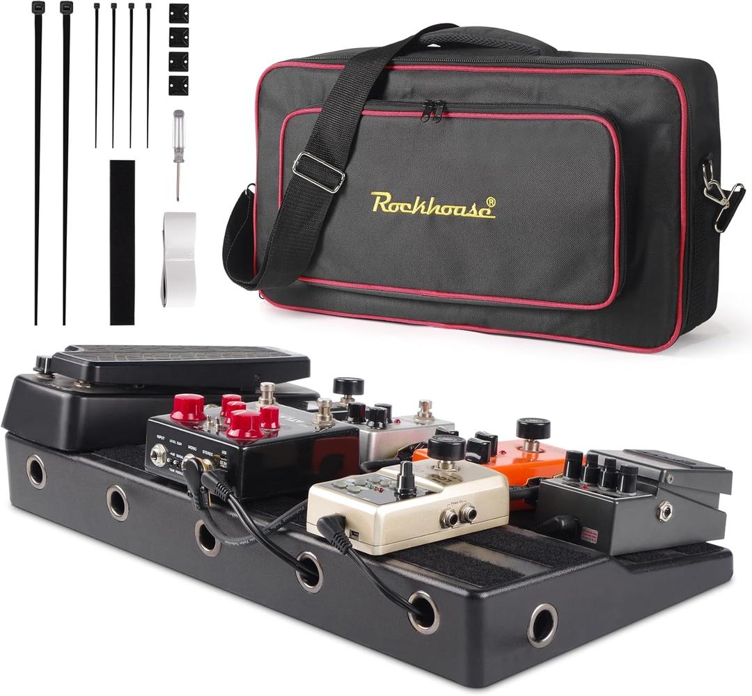 Rockhouse Pedalboard, Guitar Pedal Board Case 20" x 10" Light Effect Boards with Compartment for Power Supply, Gig Bag, Mounting Tape, Cables Ties