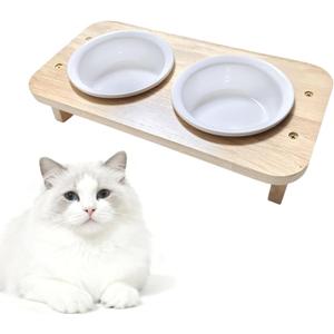 Raised Cat Food Bowls with 15 Tilt & Wood Base  Cat Food and Water Bowl Set, Upgraded Anti-Vomit Feeder Station with 2 Ceramic Dishes for Your Kitten or Puppy, Dishwasher Safe