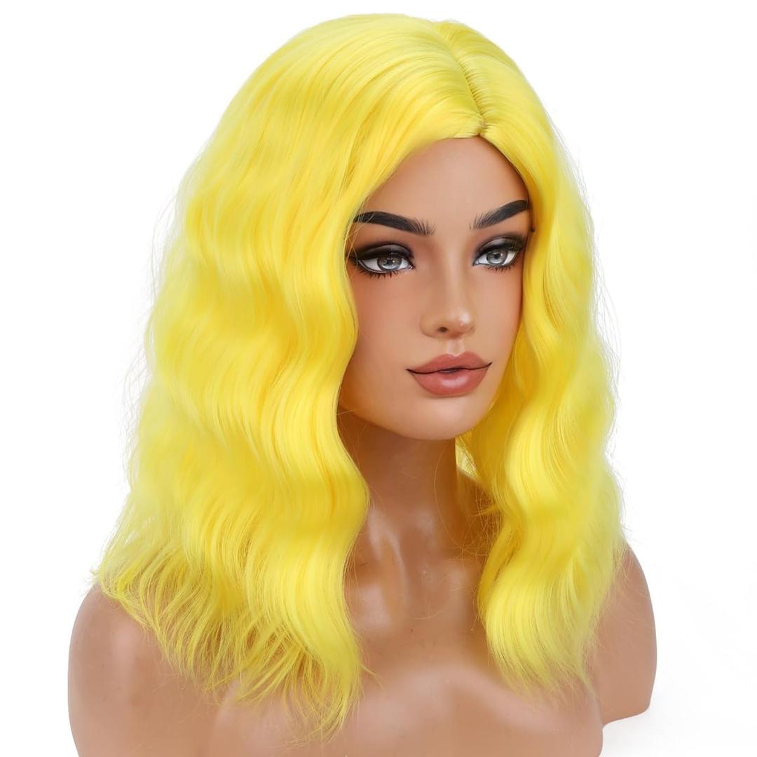 Yellow Wig for Women Short Yellow Wig Curly Wavy Wigs Short Side Part Wigs