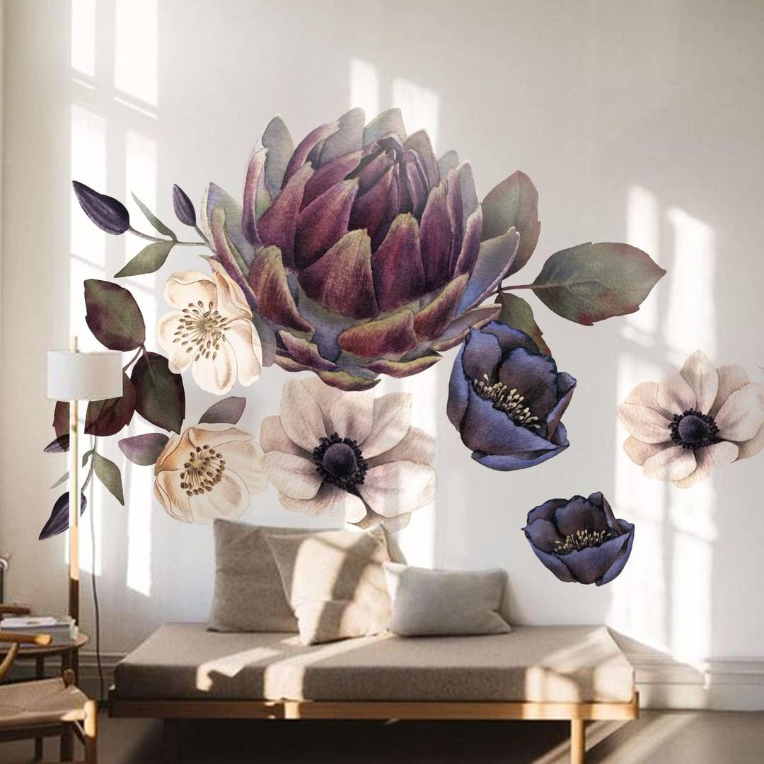 Fabric Peel and Stick Floral Wall Decal, Self-Adhesive Peony Flowers Wallpaper, Rose Sticker for Living Room Bedroom Wall Decor, Eden Garden A-6 PCs