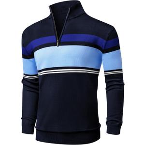 NITAGUT Mens Sweaters 1/4 Zip Up Striped Pullover Slim Fit Fall Winter Spring Long Sleeve Polo Sweaters (XX-Large, Navy Blue)