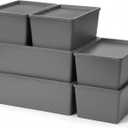 Menkxi 6 Pcs Plastic Storage Bins with Lids Stackable Storage Containers Durable Box Baskets for Organizing Shelves Playroom Classroom Office (Large and Small,Grey)