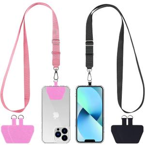 CACOE Phone Lanyard 2 Pcs Adjustable Neck Strap,4 Pcs Patches,Universal Crossbody Multifuctional Patch Cell Phone Lanyards Compatible with Most Smartphones(Black+Pink)