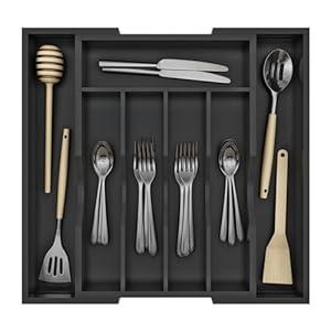 BAMBUROBA Bamboo Kitchen Drawer Organizer, Expandable Silverware Organizer, Utensil Holder and Cutlery Tray with 7 Slots, Gadgets Storage Divider, Black