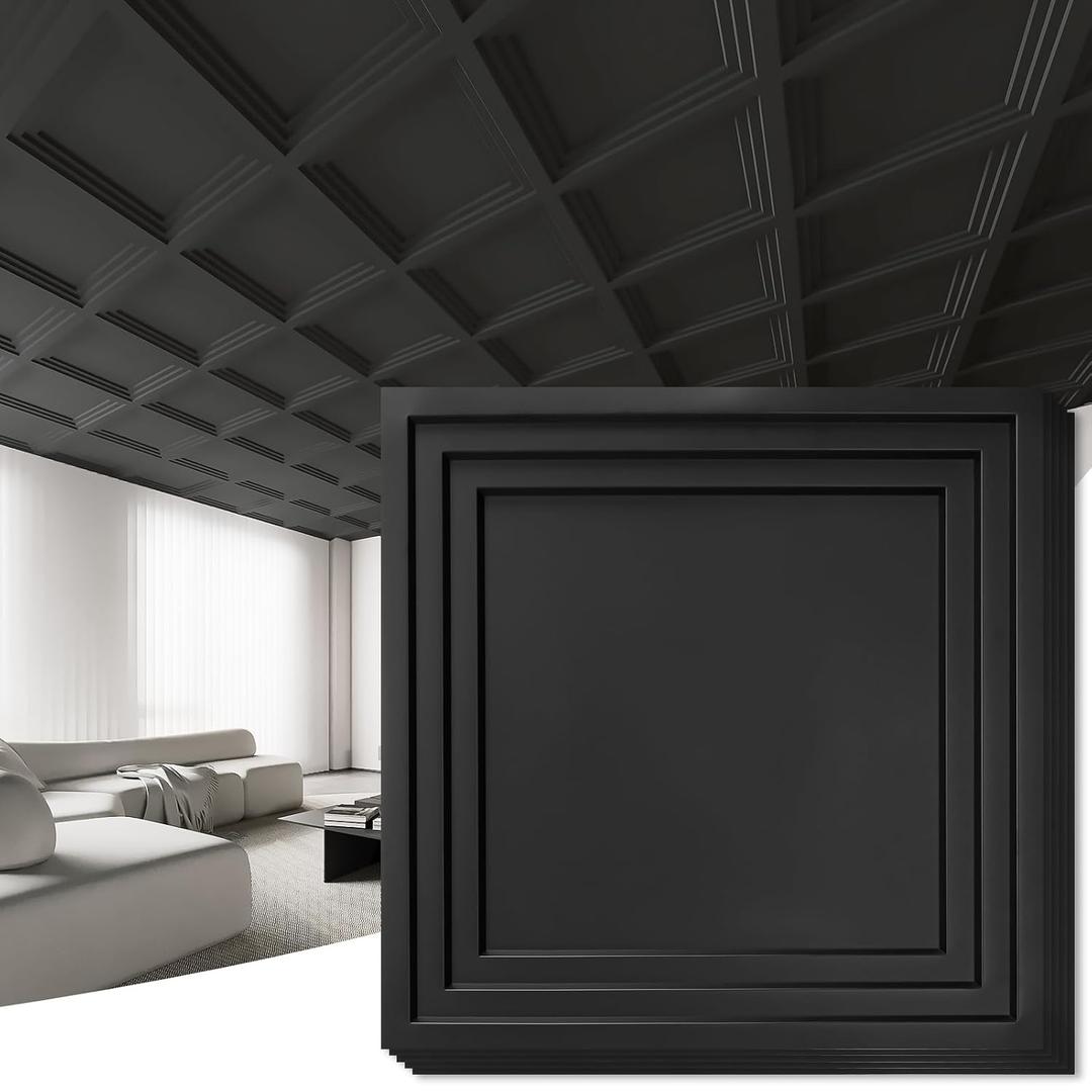 Art3d 12-Pack 2424 Inch PVC Waterproof Drop Ceiling Tiles for Home Dcor - 2x2 ft 3D Modern Ceiling Panel for Suspended Grid, Black, 24"x24"