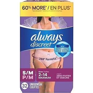 Always Discreet Adult Incontinence Underwear for Women and Postpartum Underwear, Small/Medium, Up to 100% Bladder Leak Protection, 32 Count