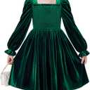 Arshiner Toddler Velvet Dress Girls Smocked Square Neck Puff Long Sleeve Party Dresses with Pockets 3-8Y (6-7 Years, Green)