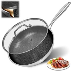 KVZKVZ 12 Inch Non Stick Frying Pan With Lid, Non Stick Frying Pans With Lids, 3-Ply Stainless Steel Frying Pan, Stay-Cool Handle, Oven & Dishwasher Safe, Induction Compatible All Cooktop