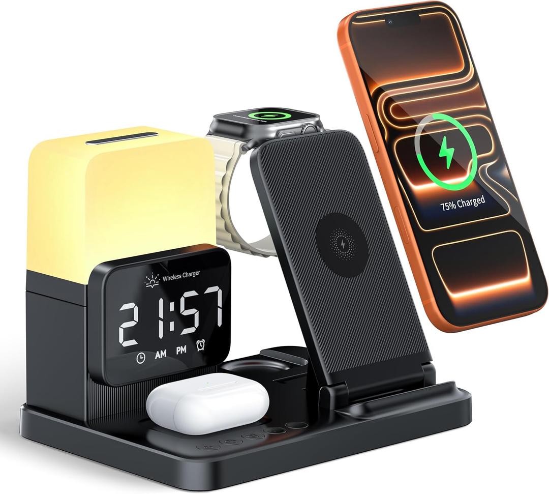 6-in-1 Wireless Charging Station, Charger Stand for Apple Multiple Devices, for iPhone 17 16 15 14 13 12 Pro Max Watch Airpods, Wireless Charger iPhone Charging Station with Night Light/Alarm Clock, Black