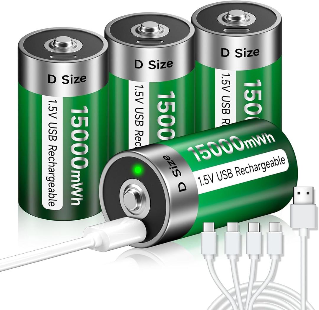 USB D Battery Lithium/15000mWh - 4 Pieces 1.5V USB D Cell Batteries Rechargeable Batteries Fast Charging in 4 Hours with Type C Charging Cable