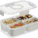 Snackle Box Container, Upgrade Dishwasher,Safe Snack Box for Adult Kids, 4 compartments Plastic Divided Serving Tray with Lid and Handle for Candy, Fruits, Snacks, Nuts,Small,White,1 Pack
