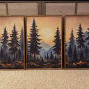 HOURIA 3Pcs Framed Mountain Forest Sunset Landscape Canvas Wall Art (16"x24"), Large Abstract Pine Tree Golden Sunset Wall Decor, Vintage Warm Nature Scenery Art Print for Office Bedroom Living Room