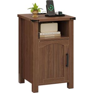 Farmhouse Nightstand with Charging Station, End Table with USB/Type-C Ports and Power Outlets, Rustic Bedside Table with Large Storage and Open Shelf, Modern Side Table for Bedroom, Walnut
